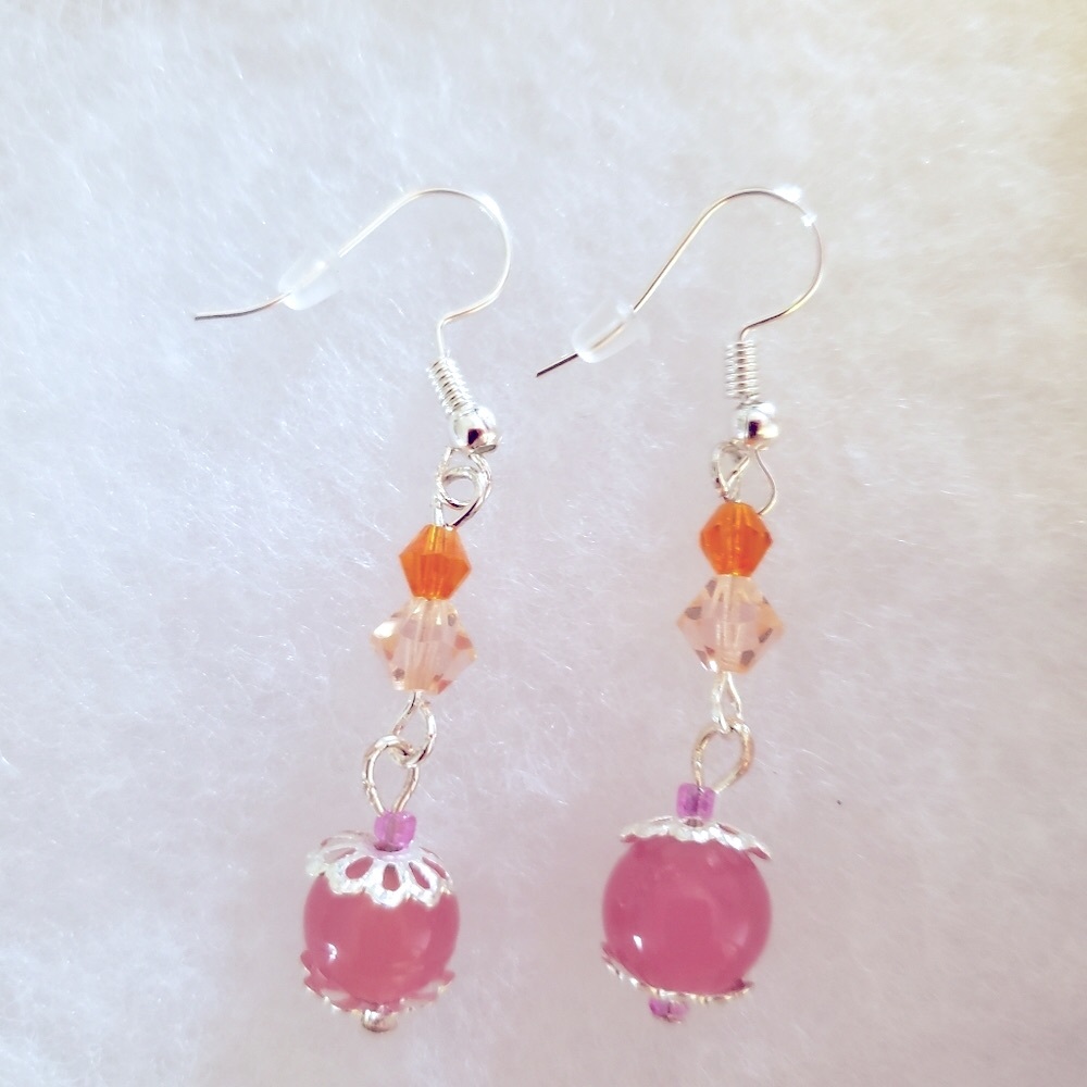 💥$8 Each or 3/$15💥Handmade Sterling Silver 1 1/4” Orange & Pink Beaded Earrings